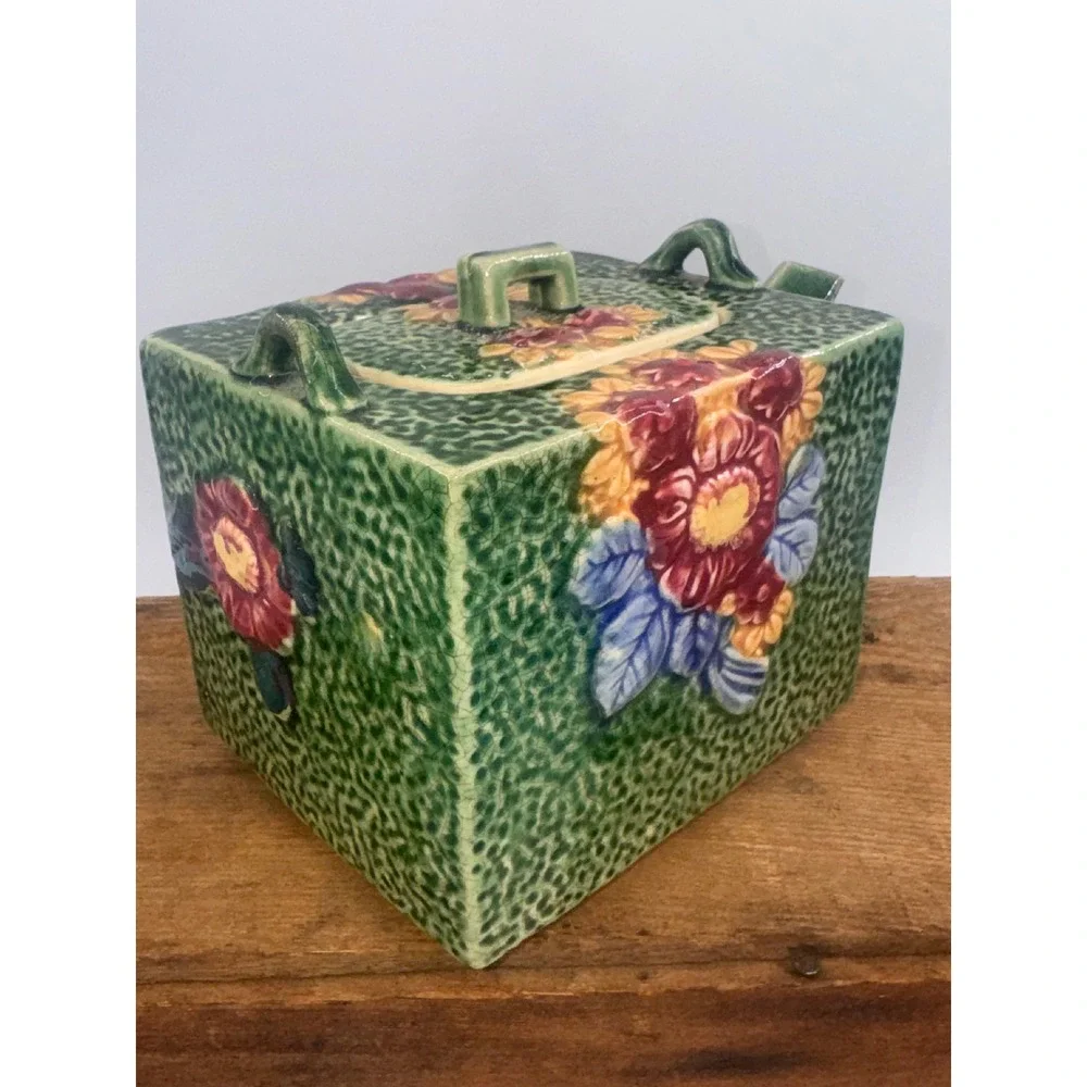 Vintage Japanese Square Ceramic Teapot Floral Majolica Style Green Made in Japan